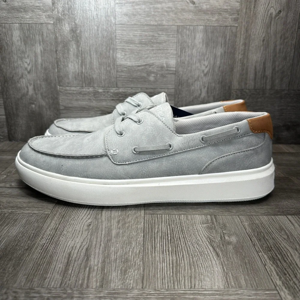 Nautica Boat Shoes Mens 13 Grey Faux Leather Nautical Casual Sneakers NEW